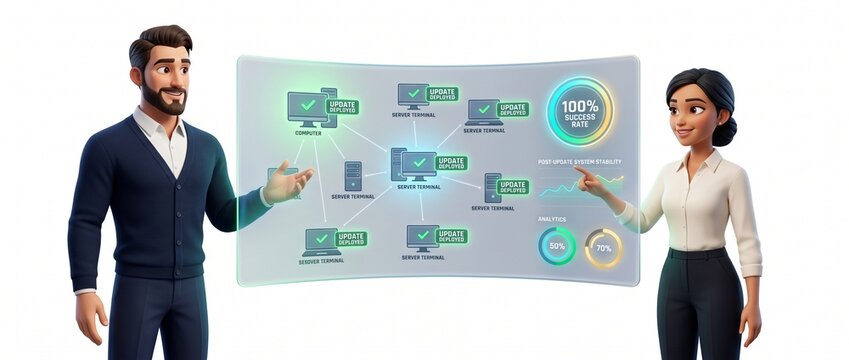 Colleagues validating successful system update deployment across multiple devices in team