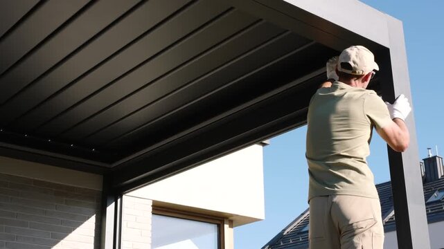 Worker fastening a pergola corner beneath a slatted roof