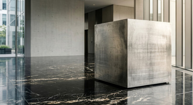 Metal cube on a black marble floor in a modern architecture gallery, with space for text - arquitetura modernista - galeria de arte 