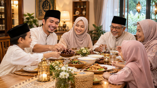 Happy multi-generation Asian Muslim family gathering for iftar dinner dinner during Ramadan holy month.