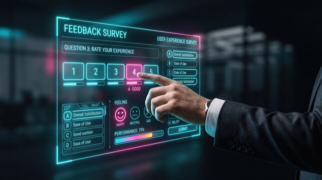 Businessman hand touching futuristic transparent holographic screen filling out feedback survey rating user experience satisfaction scale performance metrics customer service