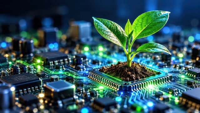 Green plant growing from computer chip on glowing circuit board