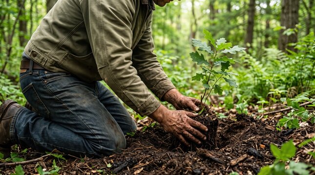 Farmer planting young oak sapling in forest soil, hands holding tree roots, environmental conservation, reforestation, climate change action, nature protection and sustainable