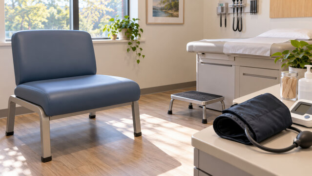 A bright exam room with a sturdy chair, a blood pressure cuff laid ready on the table and a step stool. Welcoming accessible care for people with obesity concept.