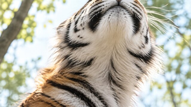 Majestic Tiger Portrait: A powerful tiger with striking orange and black stripes looks upwards, framed by soft green foliage and dappled sunlight.