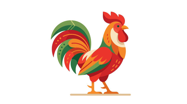 Colorful stylized rooster standing on white background.