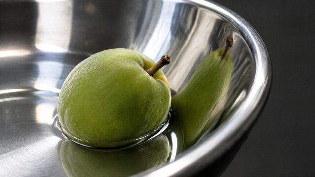 Pear in Metal Bowl: A single, ripe green pear sits elegantly within a polished metal bowl, its smooth skin reflecting the fruit's form, hinting at freshness and simplicity.