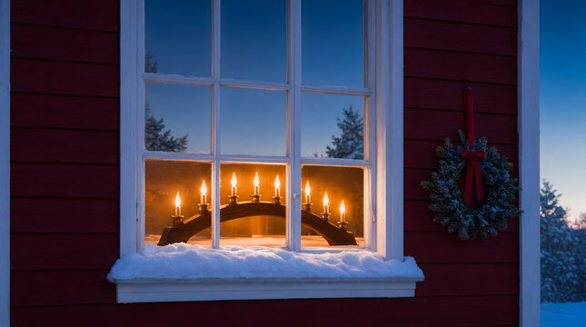 A Swedish-style window featuring an electric candle arch "adventsljusstake" casting a warm glow amidst a snowy twilight; a cozy Scandinavian home exterior set against soft blue winter twilight hues.