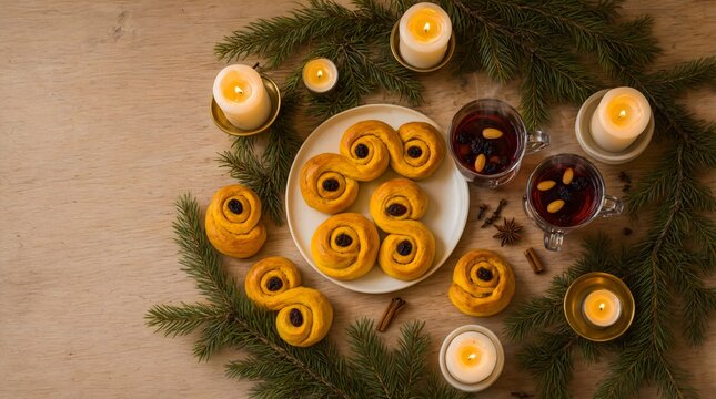 Swedish saffron buns and mulled wine gl&ouml;gg on rustic table with pine branches, warm Nordic Christmas flatlay concept.