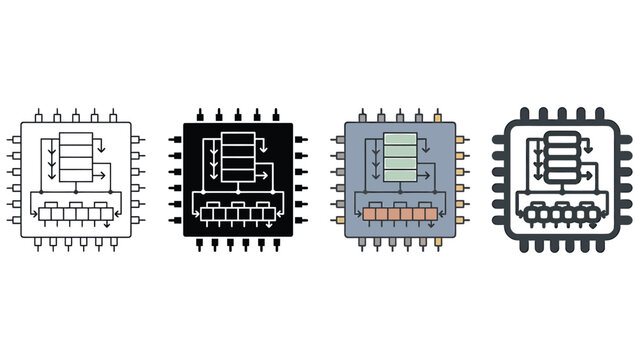 Set of four electronic microprocessor integrated circuit icons with internal component schematics for hardware technology development