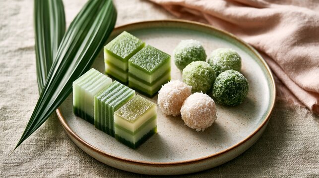 Traditional Southeast Asian Kueh Lapis and Ondeh Ondeh on Ceramic Plate with Pandan Leaves, Flat Lay Food Photography