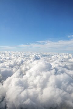 View over the clouds, cloudy sky, fleecy clouds, aerial view from airplane, New Zealand