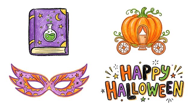 Set of halloween elements including a magic spell book, a pumpkin carriage, a masquerade mask, and a handdrawn happy halloween text isolated on white background
