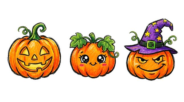 Set of three cute cartoon pumpkins with different expressions, including a jackolantern, a happy pumpkin, and a witch pumpkin wearing a purple hat, isolated on white background