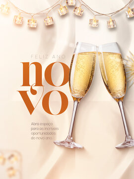 Feliz Ano Novo Ta&ccedil;as Brinde Luzes Post Card Insta Template Banner