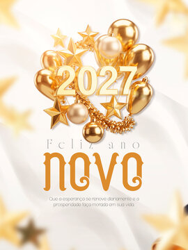 Feliz Ano Novo 2027 Dourado Bal&otilde;es Estrelas Post Card Insta Template Banner