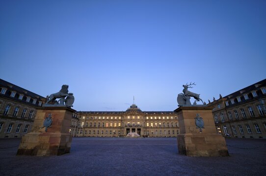 Heraldic animal lion and stag in front of the main wing and cour d'honneur Neues Schloss, Schlossplatz, evening light, Stuttgart, Baden-W&uuml;rttemberg, Germany