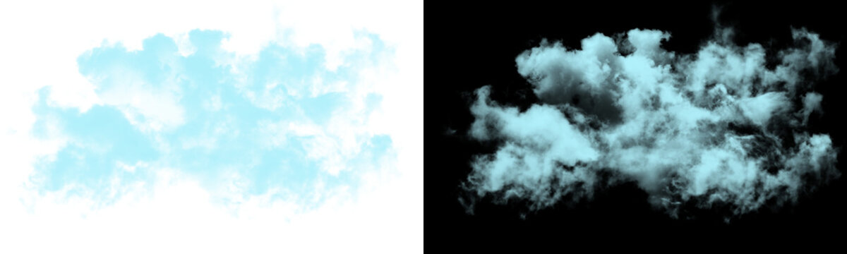 Cyan blue cloud and fog alpha mask element set with isolated design elements on white and black background isolated on transparent background