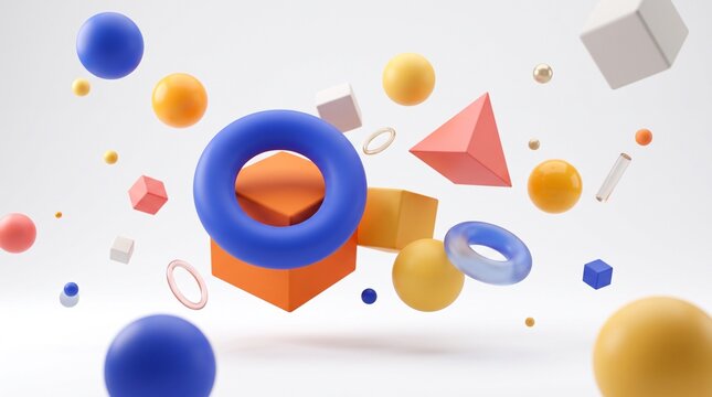 Abstract 3D Composition with Colorful Geometric Shapes Floating in Minimal White Space Including Spheres, Cubes, and Torus Elements for Modern Graphic Design