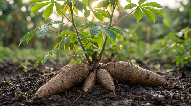 Fresh cassava plant with exposed tubers growing in rich soil beneath green leaves showcasing tropical agriculture edible root growth sustainable farming and cultivation for local food production
