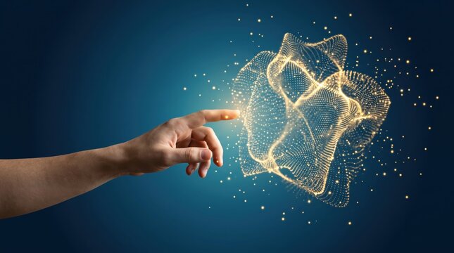 Human hand interacting with futuristic golden particle network and abstract data structure, digital innovation concept, artificial intelligence interface, virtual reality touch