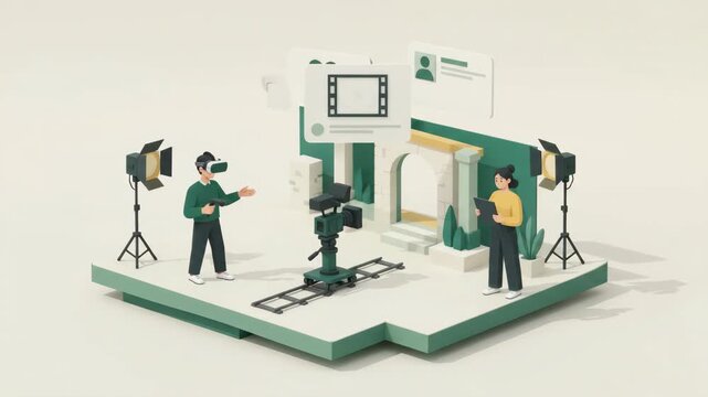 3D isometric animation of people in virtual reality studio with camera setup