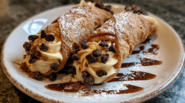 cream filled cannoli with chocolate chips and powdered sugar