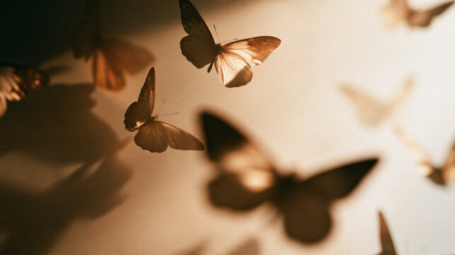 delicate butterflies flying through warm light and soft shadows