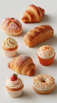 clay style bakery assortment with croissants and frosted cupcakes