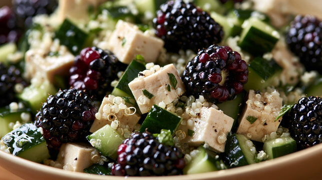 fresh blackberry and cucumber salad with tofu and quinoa