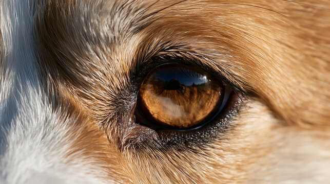 extreme closeup of a brown eye in dog fur