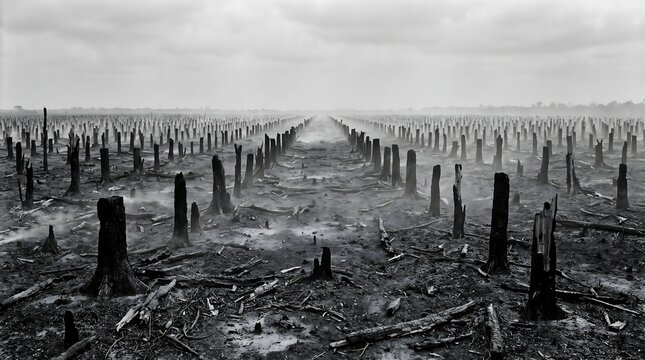 Charred tree stumps in a vast deforested landscape with smoke rising from the burnt ground under a moody sky