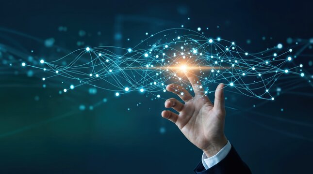 Hand touching abstract data wave and particle stream, symbolizing future technology interaction, digital transformation, big data processing