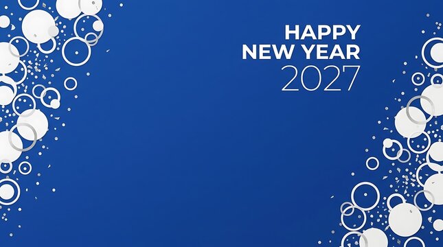 Happy New Year 2027 greeting card with abstract white circles on a vibrant blue background