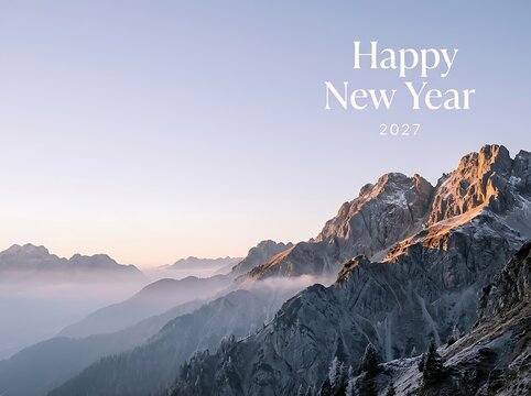 Happy New Year 2027 greeting card with beautiful mountain landscape view
