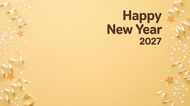 Happy New Year 2027 greeting card with gold ribbons and confetti on a light yellow background