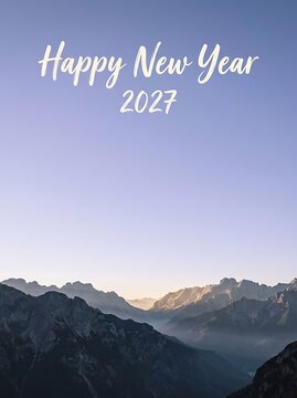 Happy New Year 2027 greeting card with scenic mountain landscape background