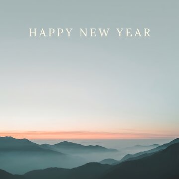 Happy New Year greeting card text over a beautiful mountain sunrise landscape background
