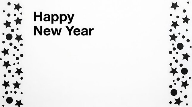 Happy New Year text greeting card design with black star and circle patterns on white background