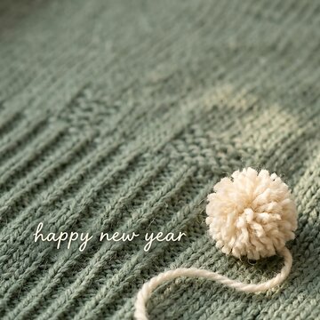 Soft cream colored yarn pompom sitting on a textured green knitted fabric background with happy new year text