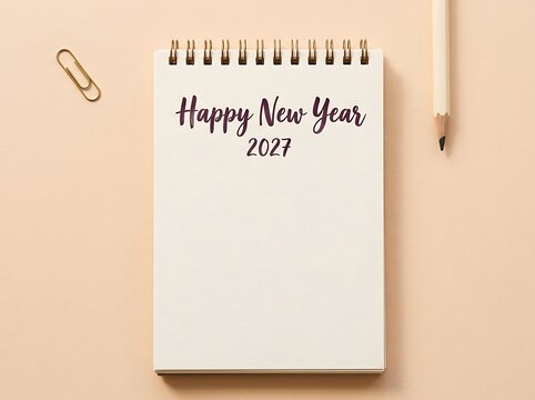 Spiral notebook with happy new year 2027 text and pencil with paper clip on beige background