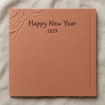 Square terracotta greeting card with happy new year 2027 embossed text on fabric background