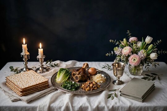 Passover seder table with seder plate, matzah, silver candlesticks and goblet