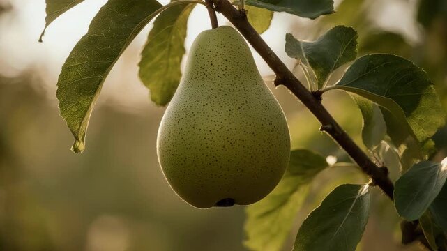 ripe pear hanging gracefully from a slender branch