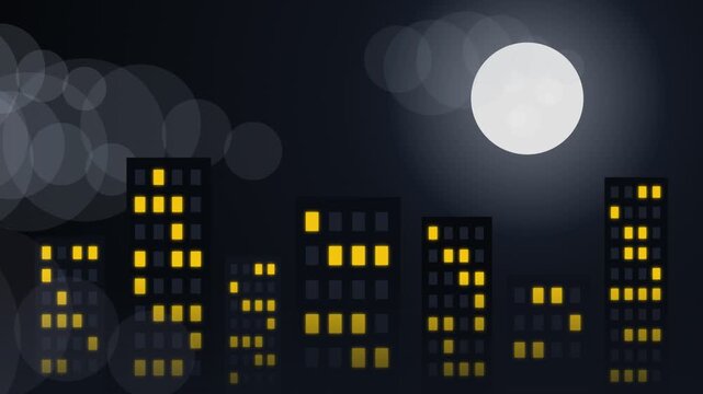 Flat design city skyline with glowing windows under a full moon
