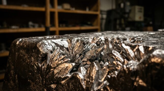 Macro view of raw electrolytic zinc ingot showing crystalline dendritic textures and metallic luster under warm directional industrial lighting.