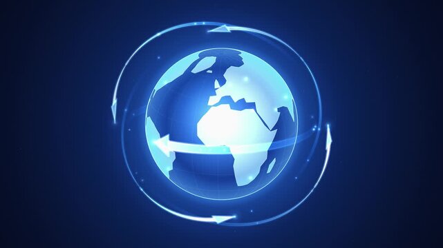 Glowing digital globe with orbit rings and data arrows representing global connectivity