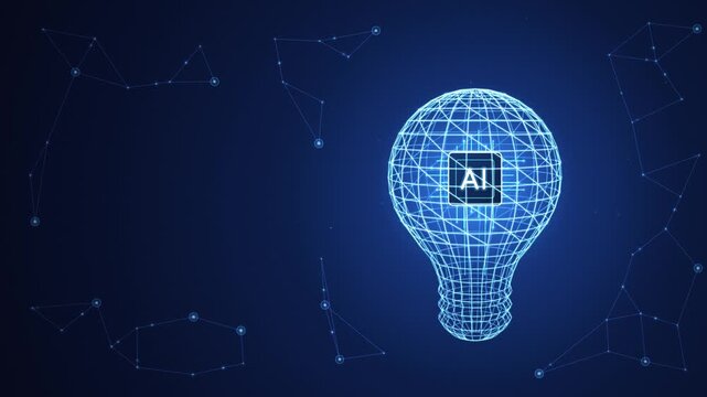 Glowing digital wireframe lightbulb with AI chip symbol representing artificial intelligence and innovation