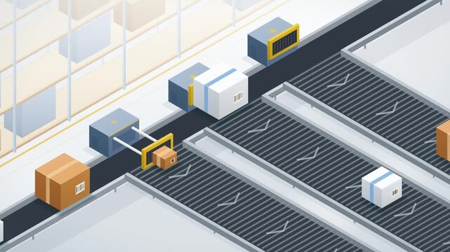Automatic conveyor belt sorting cardboard boxes in a warehouse