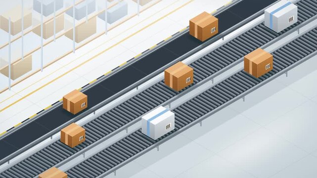 Isometric view of cardboard boxes moving on warehouse conveyor belts